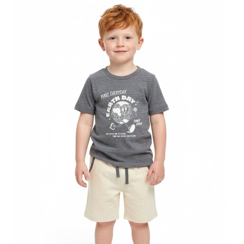 NWT Miki Miette boys' short-sleeved gray “Earth Day" t-shirt & cream pull-on sho